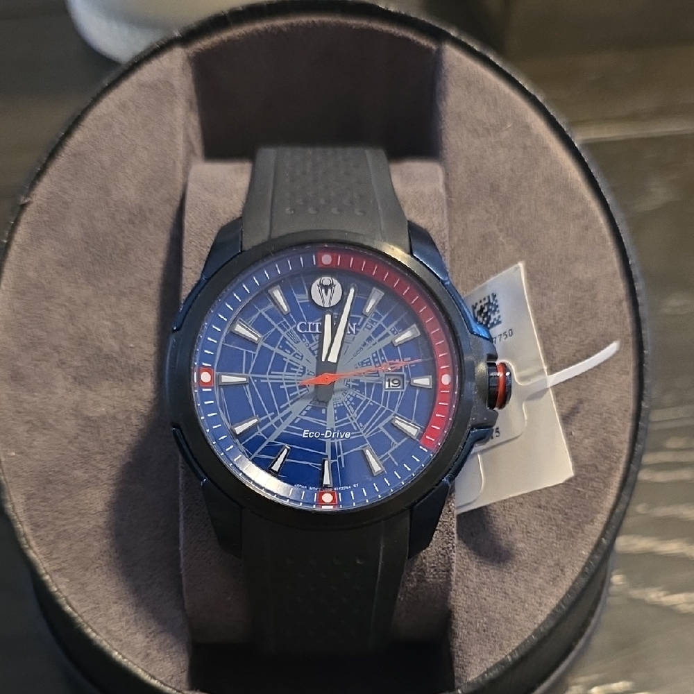 Marvel Spiderman Citizen Eco-Drive Black Watch with Blue Dial and Red Accents